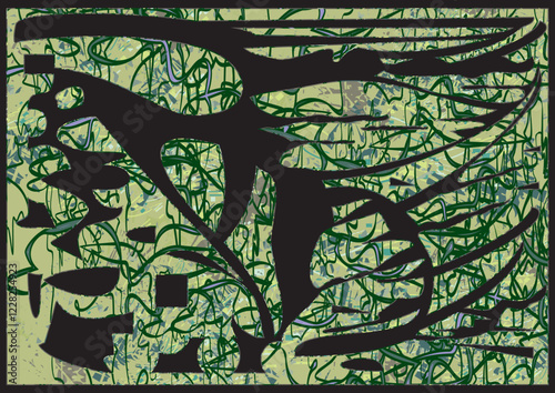 Chaotic forest motifs for interior solutions or fabrics. Dark textural background for camouflage uniform, business concepts, covers, scrapbooking, textiles, tiles, prints, dynamic posters, etc. Vector