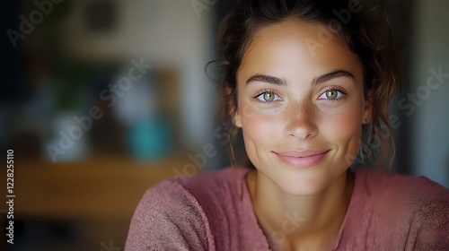 Free Download Young mixed race woman with bright blue eyes and natural makeup smiling warmly at camera, wearing casual mauve sweater against blurred background. - GFXLoad