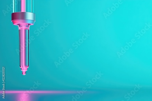 Colorful dropper suspended above reflective surface, creating vi