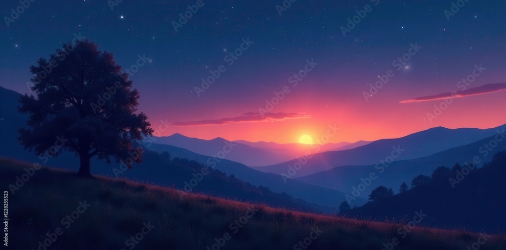 Fototapeta premium Softly glowing nightlight over a serene landscape, quiet space, stars