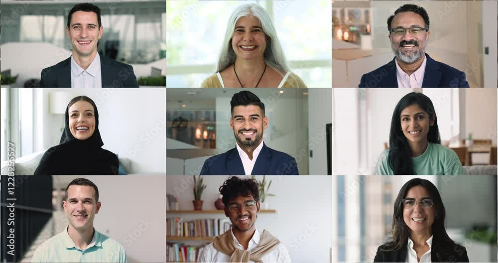 Zoom-out faces of multicultural people, diverse nationality, generation and complexion smiling, looking at camera indoors, head shot portraits, collage. Human difference, teleconference app user icons