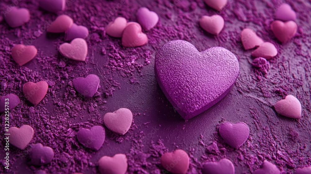 Fototapeta premium A delightful purple heart-shaped cake adorned with pink and purple hearts, perfect for celebrating love on Valentine's Day.