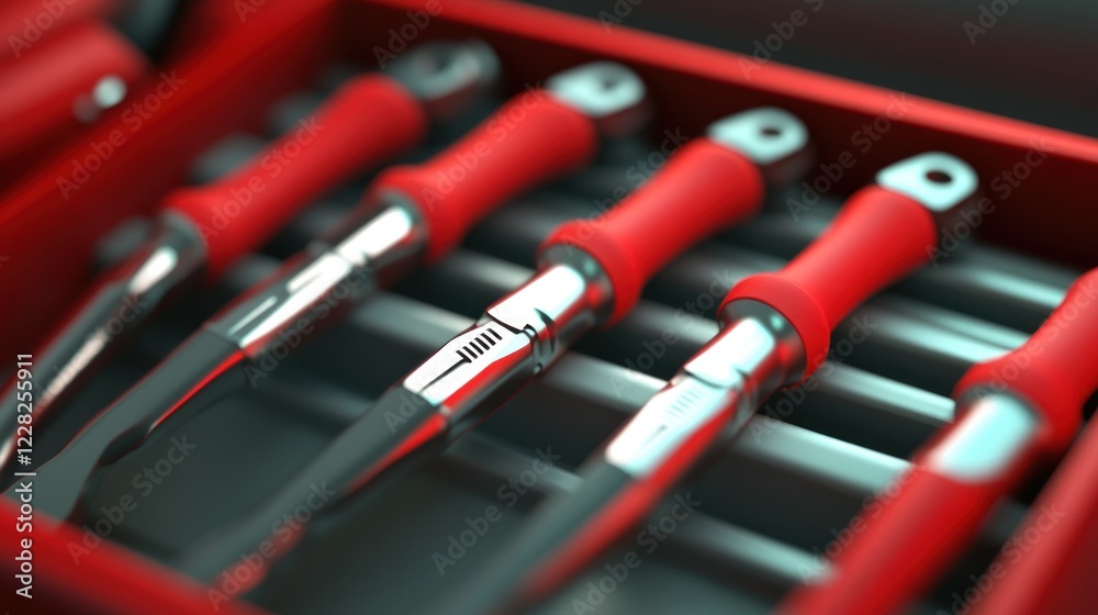 Red handled tools neatly arranged in a toolbox Red handled tools neatly arranged in a toolbox