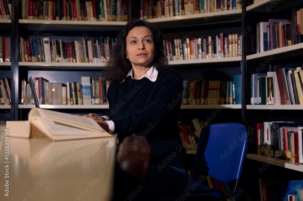 Woman reading in a library surrounded by bookshelves during study time Woman reading in a library surrounded by bookshelves during study time
