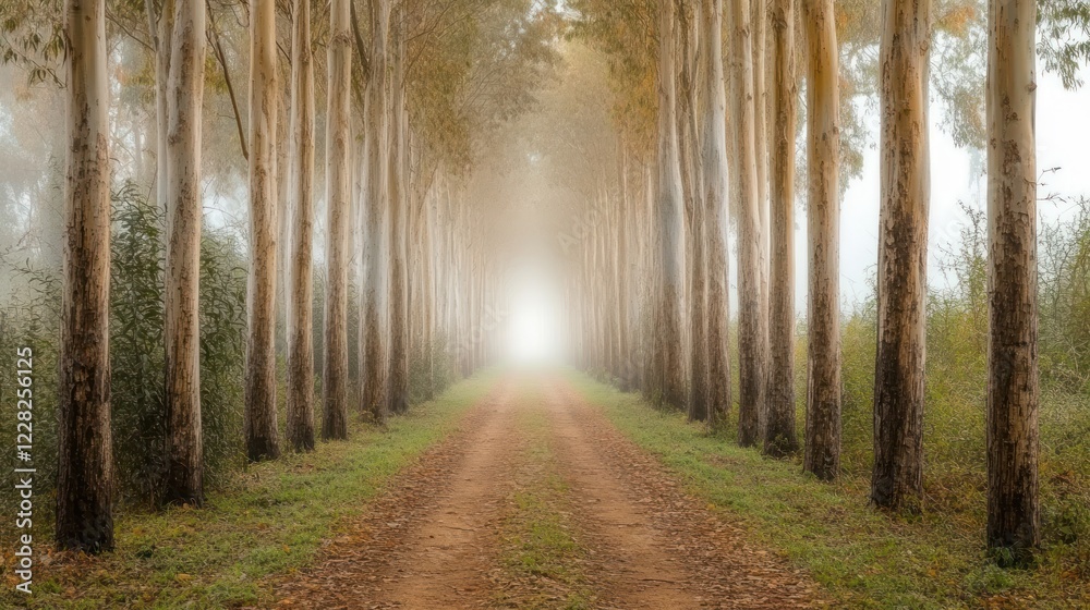 Naklejka premium Foggy Pathway Through A Line Of Trees