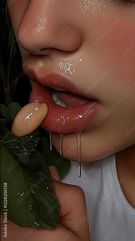 © Kalivmasa - Close-up of a woman's mouth biting a green leaf with saliva dripping down her chin. © Kalivmasa - Close-up of a woman's mouth biting a green leaf with saliva dripping down her chin.