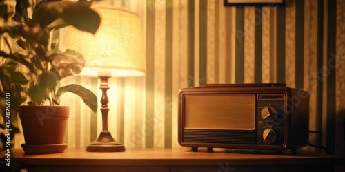 Vintage Radio and Lamp on a Wooden Table