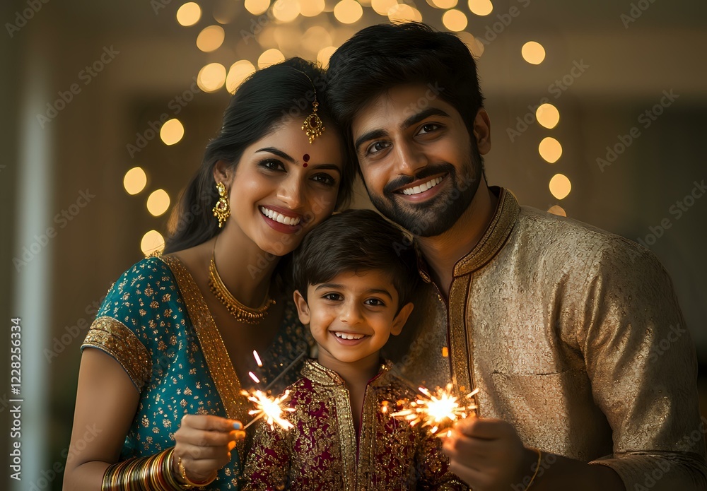 Obraz premium Happy South Asian family celebrating Diwali festival with sparklers, wearing traditional ethnic attire against blurred festive lights background.