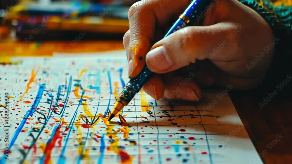 Creative hand drawing colorful music notes with vibrant paint on paper in artistic expression