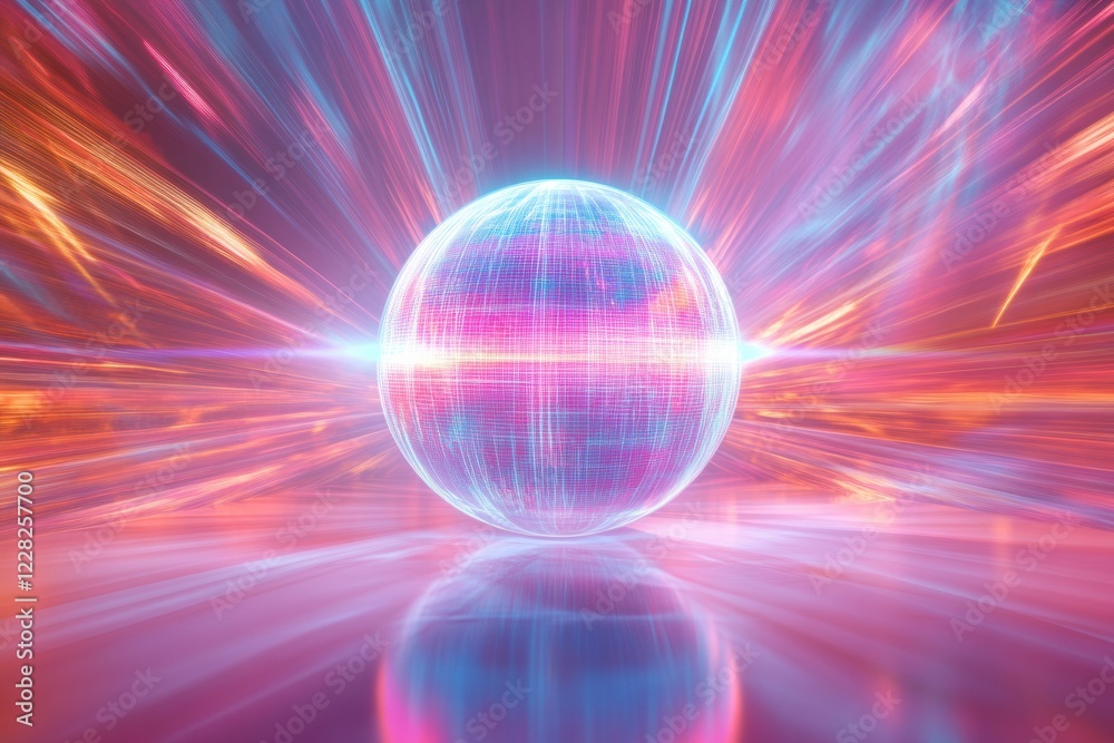 Obraz premium Spinning globe emits glowing contour lines while surrounded by vibrant light rays in a digital environment. Generative AI