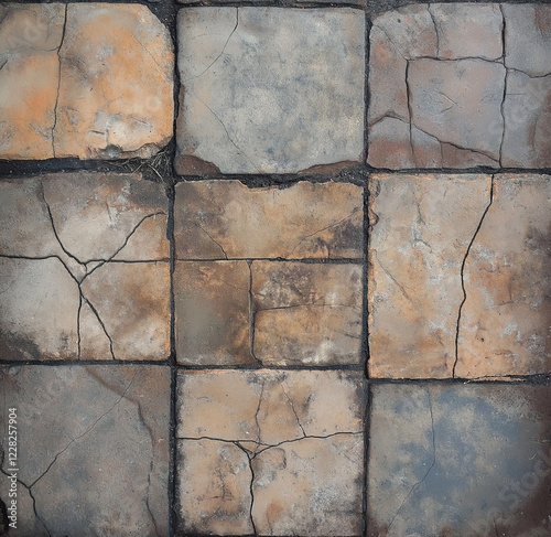 Obraz na płótnie old cracked gray concrete sidewalk, square concrete old cracked paving stone texture for visualization and games, generative AI w salonie