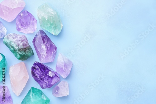Artistic flat-lay of natural lilac, green, and deep gray-purple crystals arranged on a delicate pastel background conveying a mystical and serene atmosphere