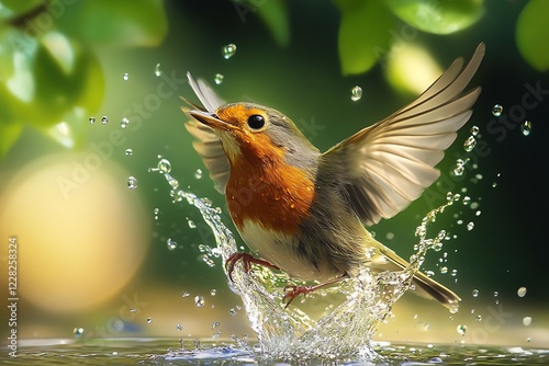 Vibrant Robin Bird Joyfully Splashes in Sunlit Water Capturing Nature's Beauty : Generative AI photo