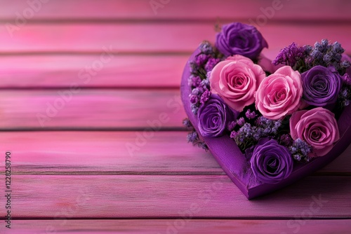A heart-shaped box cradles delicate purple roses, resting on a rustic wooden table, embodying love's elegance and charm for Valentine's Day.