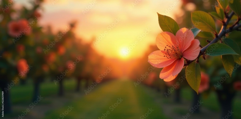 Softly glowing orange blossoms fill the air as sunset approaches in the serene orchard landscape, blossoms, serenity, tree leaves Softly glowing orange blossoms fill the air as sunset approaches in the serene orchard landscape, blossoms, serenity, tree leaves