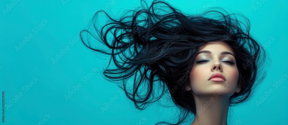 Serene Woman with Voluminous Dark Hair Against Teal Background Serene Woman with Voluminous Dark Hair Against Teal Background