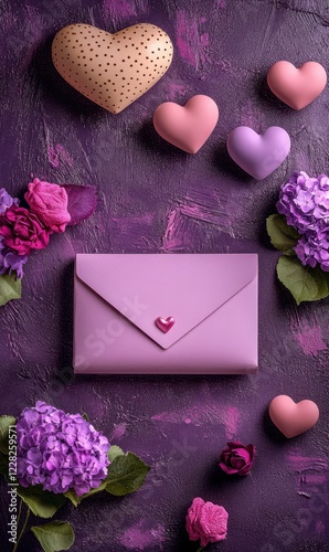A charming purple envelope adorned with a heart decoration, nestled among vibrant flowers and scattered hearts, radiates love and affection for Valentine's Day.