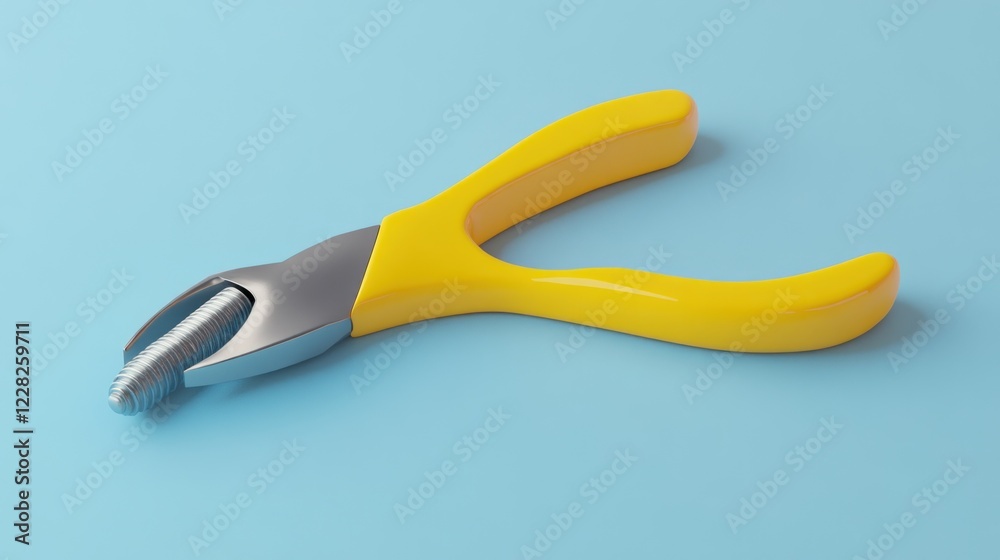 Yellow Pliers Holding a Metal Screw on Blue Background Yellow Pliers Holding a Metal Screw on Blue Background