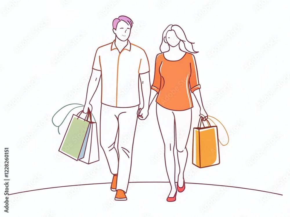 Minimalist Line Art Couple Shopping Spree: Continuous Line Drawing Minimalist Line Art Couple Shopping Spree: Continuous Line Drawing