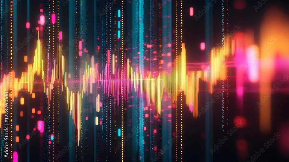 Fototapeta premium Dynamic digital soundwave pattern with bright colors and glowing particles : Generative AI