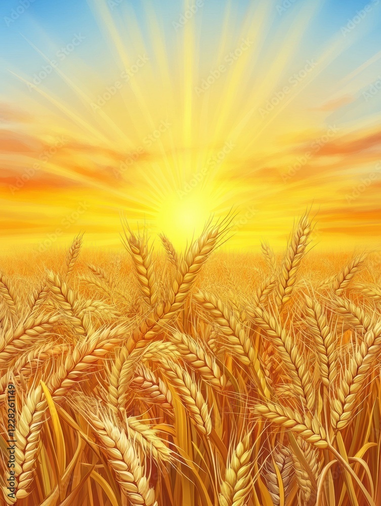 Rays of sunlight illuminating golden ears of wheat in a vibrant sunset landscape. Generative AI Rays of sunlight illuminating golden ears of wheat in a vibrant sunset landscape. Generative AI