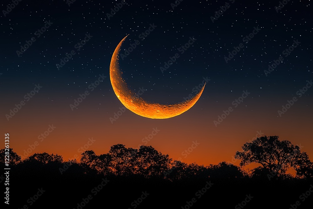 Fototapeta premium Crescent moon rising over silhouetted trees at dusk, starry night