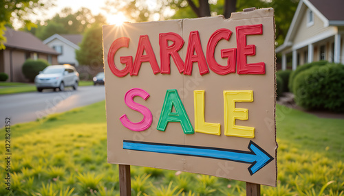 Garage sale sign directing towards sale event