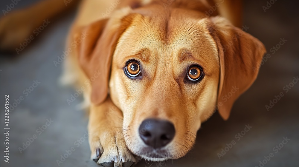 Gentle and Lovely Tan Dog Lying on Floor Looking Up at Camera : Generative AI Gentle and Lovely Tan Dog Lying on Floor Looking Up at Camera : Generative AI