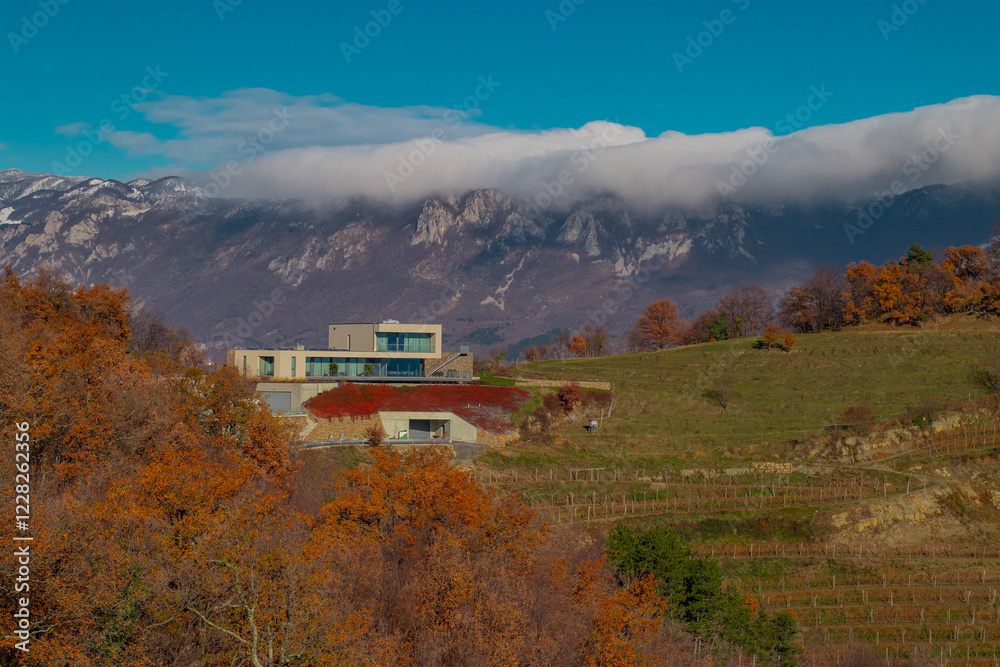 Vineyards and breathtaking views of the village of Erzelj above vipava valley, with visible mountain region in the background.