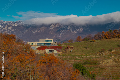 Vineyards and breathtaking views of the village of Erzelj above vipava valley, with visible mountain region in the background. photo