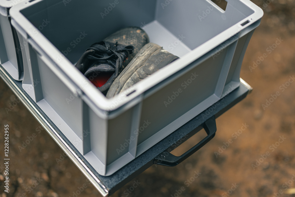 Pair of black mountainbike or outdoor shoes resting in a plastic euro box in gray color. Case with shoes in an open drawer outside.