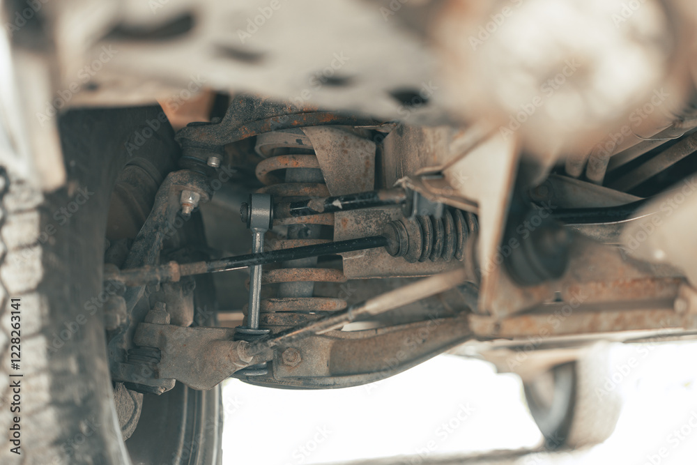 Front view of a new stabilizer bar and link of a double wishbone suspension of a van or a truck. visible suspension components such as rack, spring, wheel,...
