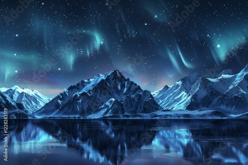 Northern lights over snowy mountain and lake scene. Neural network AI generated photo