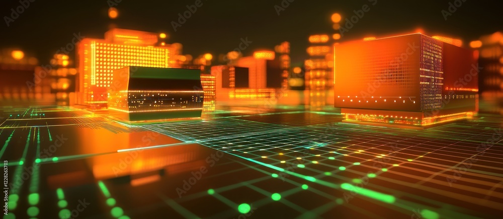 Fototapeta premium Futuristic Cityscape: Neon Glow and Digital Architecture