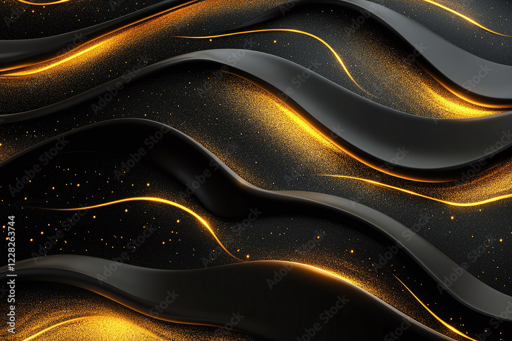 Elegant Flowing Golden Waves with Glowing Particles on a Dark Background, Abstract Futuristic Texture and Luxury Artistic Design Elegant Flowing Golden Waves with Glowing Particles on a Dark Background, Abstract Futuristic Texture and Luxury Artistic Design
