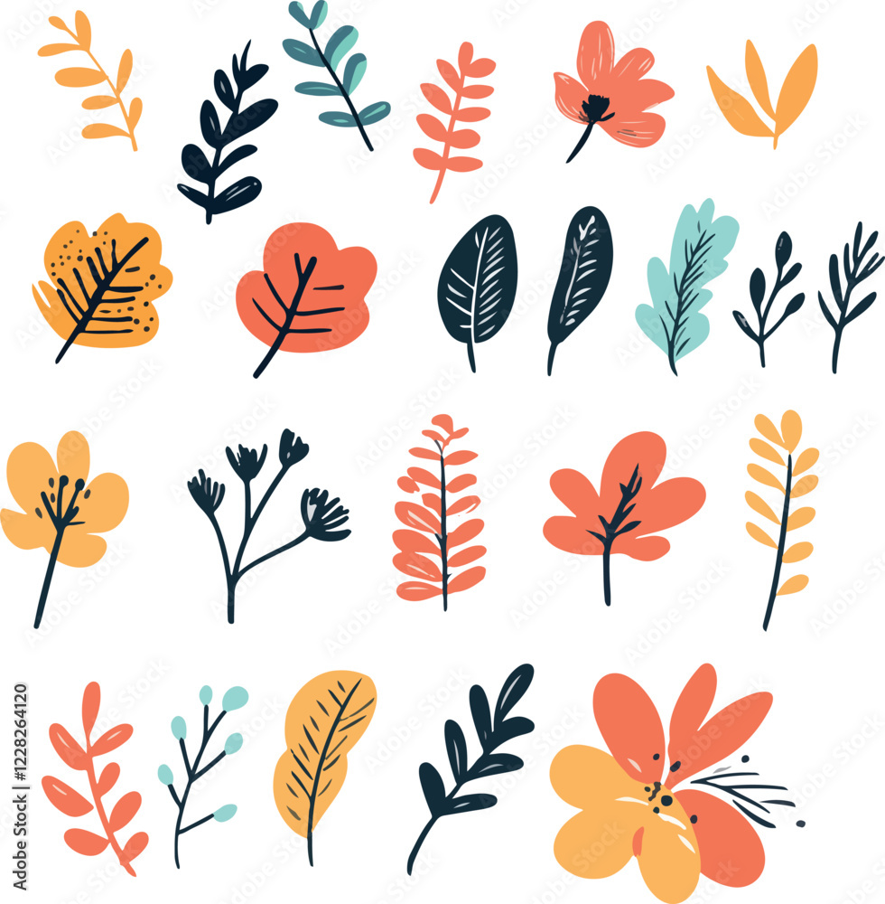 Fototapeta premium set of flat drawn floral elements