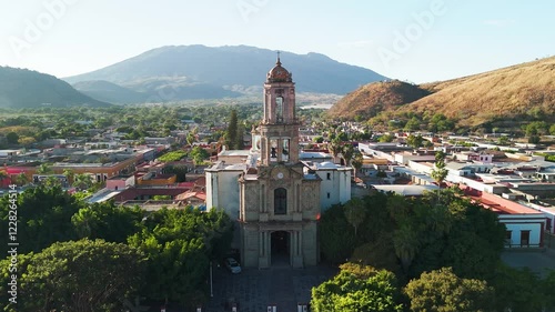 Church dominating Jala town in Nayarit, Mexico, with Ceboruco volcano in background