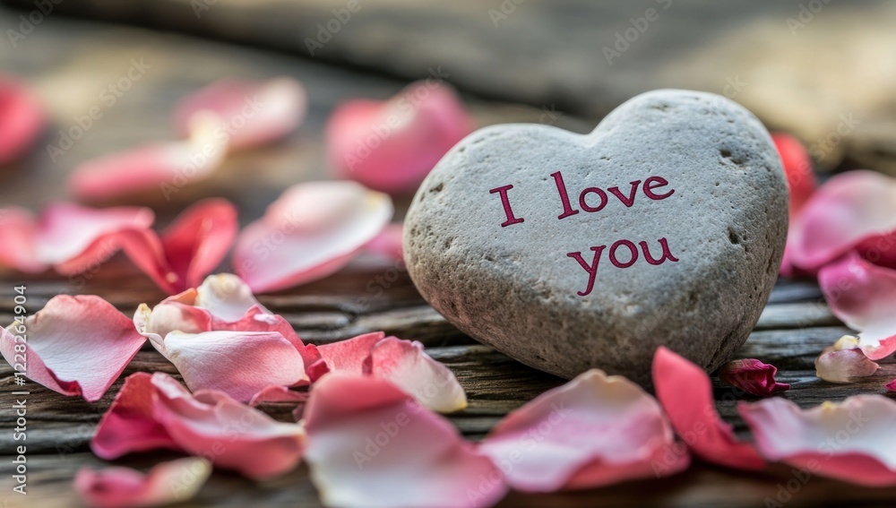 Obraz premium Romantic Heart-Shaped Stone with Rose Petals: A Sweet Declaration of Love