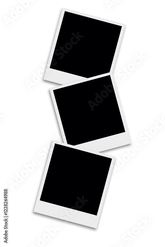 3 Blank square photo frames template with white borders in a random vertical layout. Used as a printable photo collage or a mock up for album pictures or photographs collection in a classic old style.