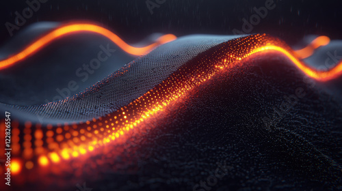 High-tech graphene transistor pulses with neon lights in a dark digital landscape, connected to a quantum computing core and surrounded by intricate patterns
