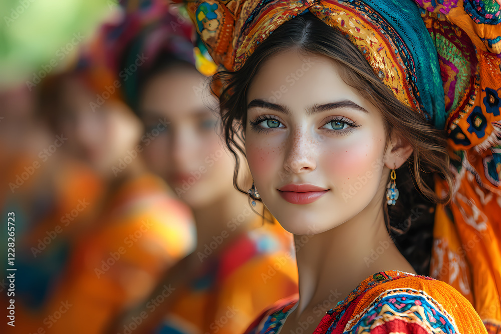A vibrant group performing traditional folk dances with colorful costumes and dynamic movements A vibrant group performing traditional folk dances with colorful costumes and dynamic movements