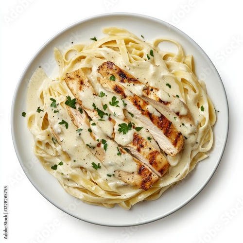 A plate of creamy fettuccine Alfredo with grilled chicken strips, isolated white background, minimalist art style