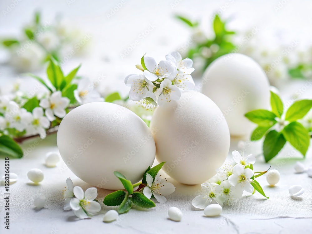 Minimalist White Easter Eggs & Spring Blossoms - Elegant Holiday Decor Minimalist White Easter Eggs & Spring Blossoms - Elegant Holiday Decor