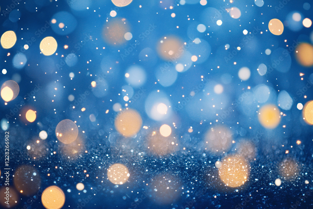 Golden Bokeh and Glowing Particles on Blue Background with Shimmering Lights for Festive, Elegant, and Celebration Designs
