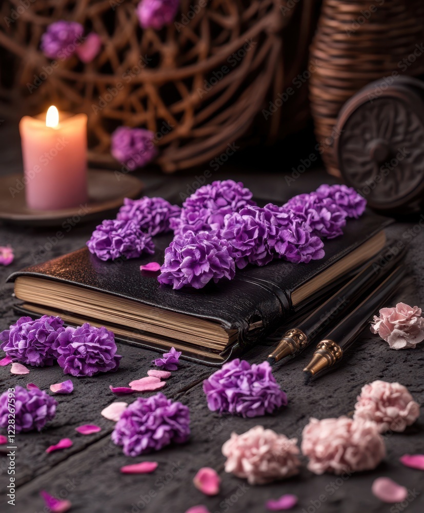 A romantic scene unfolds with purple flowers resting on a book, illuminated by a soft candlelight, accompanied by a delicate pen, perfect for heartfelt notes. A romantic scene unfolds with purple flowers resting on a book, illuminated by a soft candlelight, accompanied by a delicate pen, perfect for heartfelt notes.