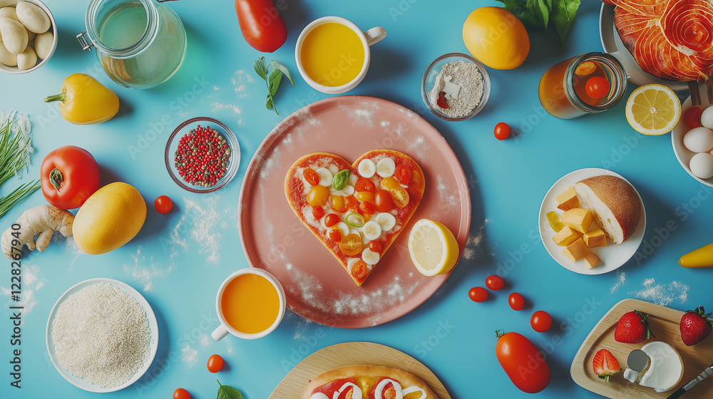 Heart-Shaped Pizza Flat Lay in Playful Modern Kitchen Scene with Bright Colors, Overhead Food Photography