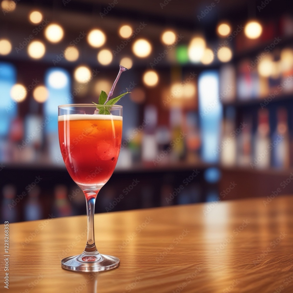 Cocktail posé sur le comptoir d'un bar dans une ambiance feutrée et cosy Cocktail posé sur le comptoir d'un bar dans une ambiance feutrée et cosy