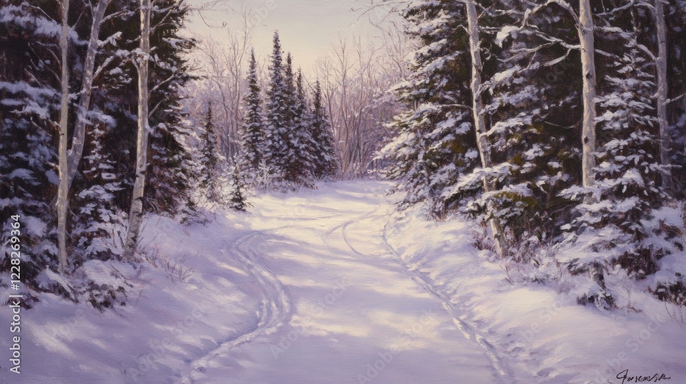 Naklejka premium Serene snowy forest pathway with sunlit trees in winter wilderness