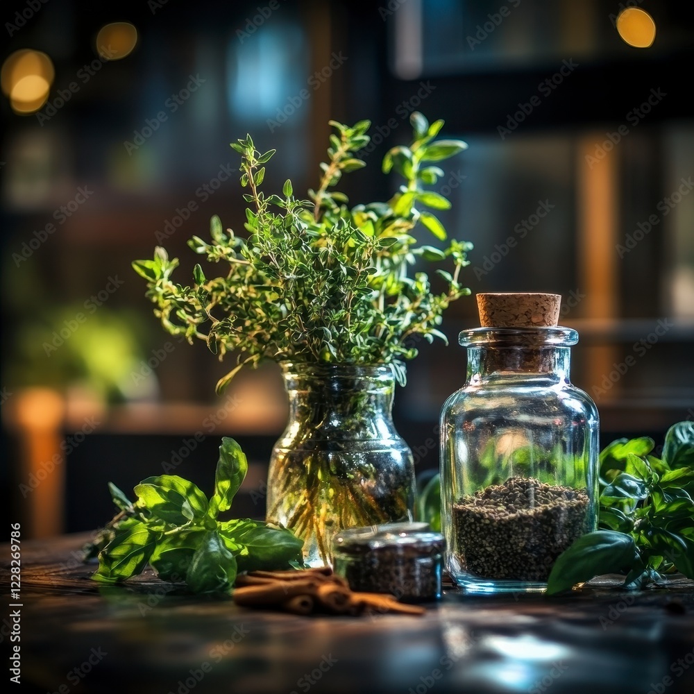 Fresh Herbs and Spices on Wooden Surface in Cozy Kitchen, Aromatic Ingredients, Culinary Inspiration, Natural Colors and Textures Fresh Herbs and Spices on Wooden Surface in Cozy Kitchen, Aromatic Ingredients, Culinary Inspiration, Natural Colors and Textures