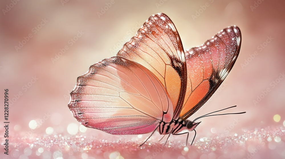 Fototapeta premium Peach butterfly rests on glitter, soft background, spring design